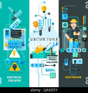 Electricity vertical banners set with electric circuitry symbols flat isolated vector illustration Stock Vector