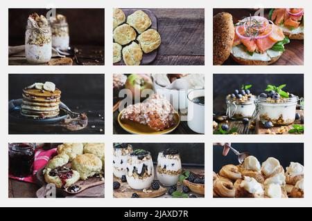 Collage of low key American style breakfast including overnight oats, lox, southern biscuits, pancakes, parfaits, apple fritters, and cinnamon rolls. Stock Photo