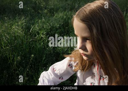 Sad girl in an embroidered shirt on a background of green grass Stock Photo