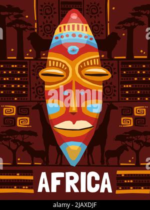 Colorful tribal ethnic mask template on african background with animals isolated vector illustration Stock Vector