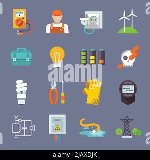 Electricity icon flat set with multimeter electrician socket pylon isolated vector illustration Stock Vector