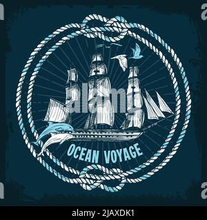 Hand drawn sea background with wheel ship fish gulls and rope knots isolated vector illustration Stock Vector