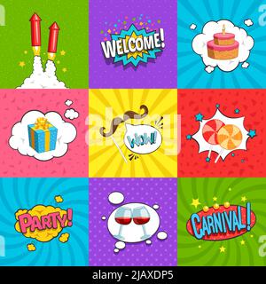 Party comic labels set with fun symbols flat isolated vector illustration Stock Vector