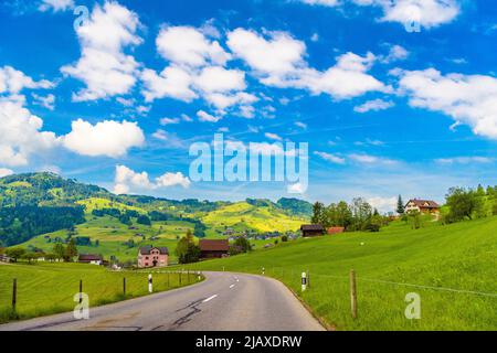 Countryside road in village, Alt Sankt Johann, Sankt Gallen, Swi Stock Photo