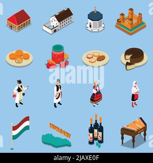 Hungary isometric touristic icons set with hungarian national costumes symbols architecture and cuisine isolated on blue background vector illustratio Stock Vector