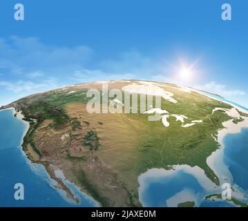 Physical map of Planet Earth, focused on USA, North America. Satellite view, sun shining on the horizon. Elements furnished by NASA Stock Photo
