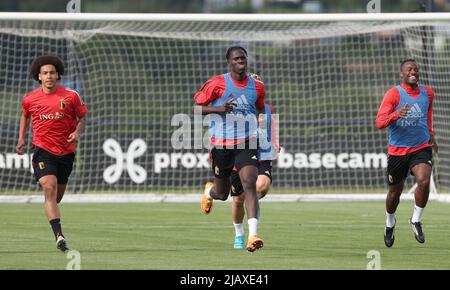 Belgium's Axel Witsel, Belgium's Amadou Onana and Belgium's Michy Batshuayi pictured during a training session of the Belgian national team, the Red Devils, Wednesday 01 June 2022 in Tubize, during the preparations for the upcoming UEFA Nations League matches. BELGA PHOTO VIRGINIE LEFOUR Stock Photo