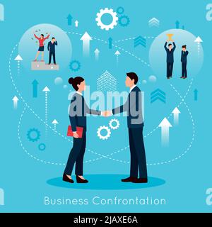 Constructive business confrontation for productive partnership concept flat symbolic composition poster with agreement handshake vector illustration Stock Vector