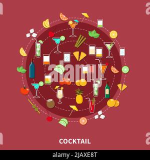 Cocktail icon set of alcoholic drinks and their ingredients in flat style vector illustration Stock Vector