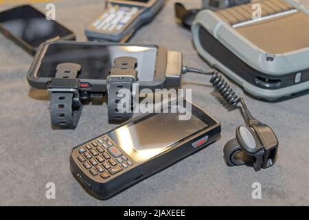 Ring Barcode Scanner Handheld Portable Computer Reader Smartphone Printer Stock Photo