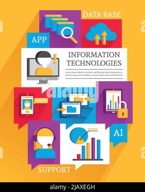 IT poster with flat colored elements promoting operators support cloud technologies data exchange and smartphone apps vector illustration Stock Vector