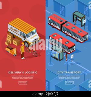 Two vertical isometric transport banners set of city transport and logistic compositions with passengers waiting at bus stop delivery automobile couri Stock Vector