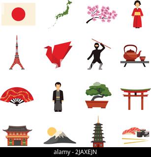 Japanese culture flat icons collection with sakura cherry blossom red lantern and bonsai abstract isolated vector illustration Stock Vector