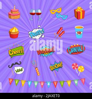 Carnival comic elements set with presents symbols flat isolated vector illustration Stock Vector
