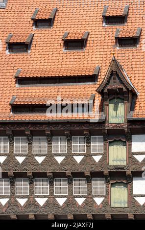 Braunschweig, Burgplatz, Huneborstelsches Haus, heutiges Gildehaus, Fachwerkhaus aus dem Jahre 1524 mit Figurenfries von Simon Stappen Stock Photo