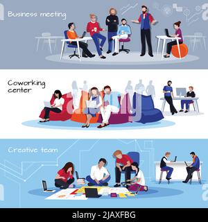 Coworking people horizontal banners with business meating coworking center and creative team compositions flat vector illustration Stock Vector