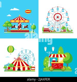 Four square colored amusement park composition with ferris wheel carousel circus and ice cream van vector illustration Stock Vector