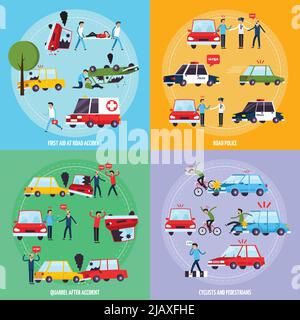 Road accident concept icons set with cyclists and pedestrians symbols flat isolated vector illustration Stock Vector