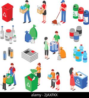 Garbage and plastic recycling isolated images set with isometric rubbish containers trash bins and people characters vector illustration Stock Vector