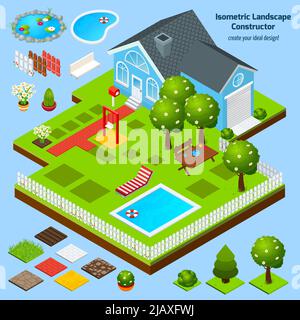 Isometric landscape design constructor elements collection of isolated ...