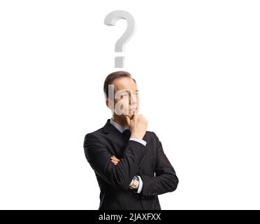 Pensive businessman with a question mark above his head holding his chin and thinking isolated on white background Stock Photo