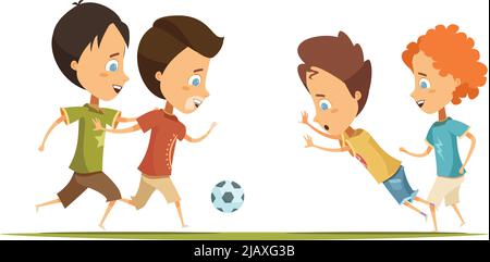 Boys in colorful clothing with emotions on faces playing soccer on green field cartoon style vector illustration