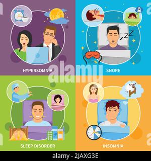 Four square sleeping disorder compositions with flat images representing different kinds of somnipathy with patient characters vector illustration Stock Vector