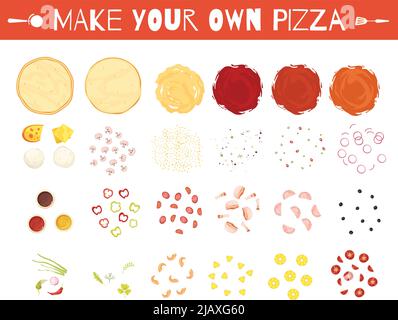 Set of pizza elements in cartoon style with dough vegetables cheese and meat sauces isolated vector illustration Stock Vector