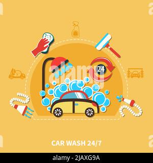 Car wash round composition with doodle car in soap bubbles machinery shower hose and cleaning agents vector illustration Stock Vector