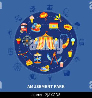 Amusement park presentation layout with big top attractions and food abstract isolated vector illustration Stock Vector