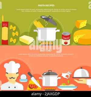 Food flat horizontal banners with ingredients for pasta cooking and chef work responsibilities vector illustration Stock Vector