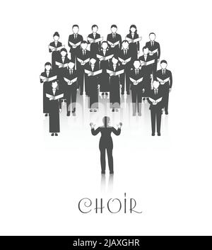 Classic choir performance with sheet music led by conductor dressed in black on white background vector illustration Stock Vector