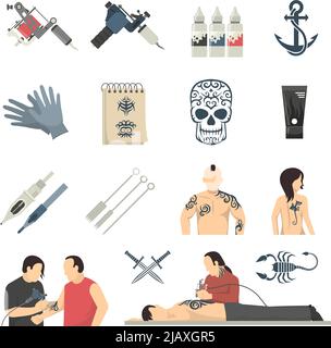 Tattoo studio designs equipment and procedures with artist using electric machine flat icons collection isolated vector illustration Stock Vector