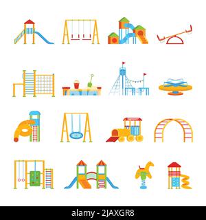 Sixteen isolated childrens playground equipment elements set with flat cartoon icons of carrousels seesaws and slippery dips vector illustration Stock Vector