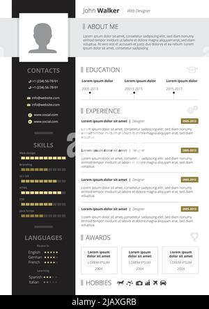 CV design with education skills and awards symbols  flat vector illustration Stock Vector