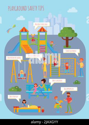 Playground infographics with flat colorful cartoon childrens playground urban scenery people characters and rectangular thought bubbles vector illustr Stock Vector