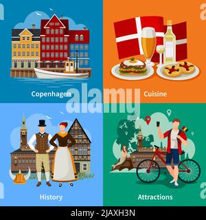 Denmark flat style concept with copenhagen traditional cuisine history and national clothing attractions isolated vector illustration Stock Vector