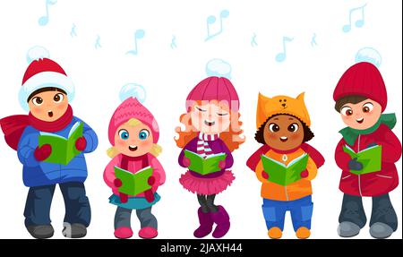 Cute little kids going Christmas caroling flat vector illustration Stock Vector