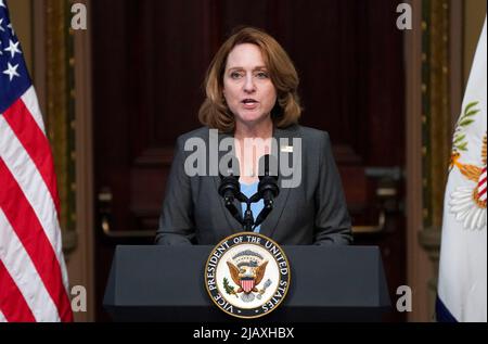 Washington, USA. 01st June, 2022. Deputy Secretary Kathleen Hicks, U.S. Department of Defense, delivers remarks on a Global Water Security Action Plan in the Indian Treaty Room of the Eisenhower Executive Office Building in Washington, DC on Wednesday, June 1, 2022. Photo by Leigh Vogel/Pool/Sipa USA Credit: Sipa USA/Alamy Live News Stock Photo