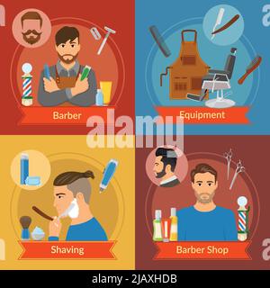 Compositions with red ribbon in flat style with hairdresser and equipment shaving barber shop isolated vector illustration Stock Vector