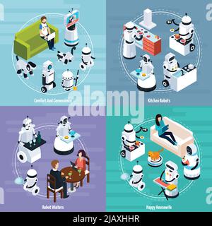 Kitchen and housewife home robots 2x2 isometric design concept of cleaning washing cooking waiters functions vector Illustration Stock Vector