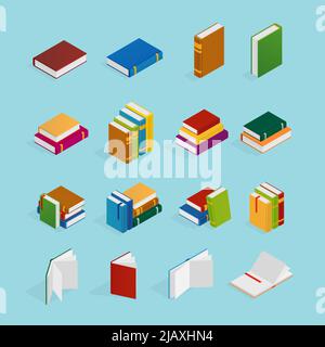 Set of isometric icons with books in colorful covers with bookmarks on blue background isolated vector illustration Stock Vector