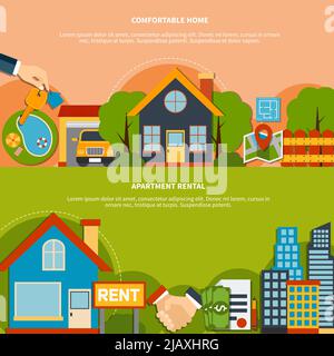 Colorful flat design real estate horizontal banners set with comfortable home and apartment rental icons isolated vector illustration Stock Vector