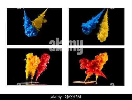 4 images of water and acrylic paint with blue, yellow, orange and red on canvas, black background, white canvas Stock Photo