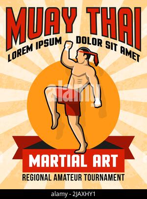 Muay thai martial art poster with fighter in center in yellow and red colors vector illustration Stock Vector