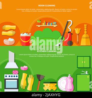 Two colorful horizontal banners set with flat living room kitchen furniture equipment and cleaning agents images vector illustration Stock Vector