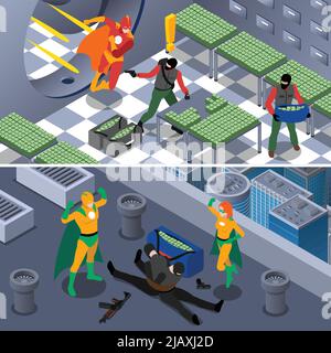 Superhero And Robbery Isometric Concept. Superheroes Horizontal Banners. Superhero Vector Illustration. Superhero And Bank Robbery Set. Superhero Savi Stock Vector