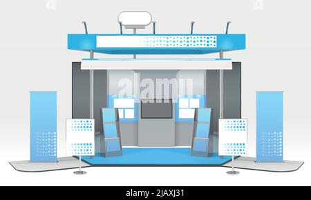 Exhibition advertising stand design with realistic tridimensional stall tv set and exhibit rack with promotional materials vector illustration Stock Vector