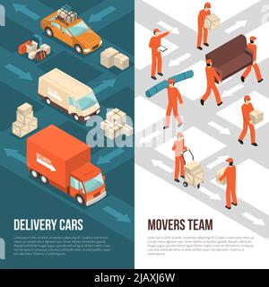 Colored and isometric delivery moving vertical banner set with delivery cars and movers team descriptions vector illustration Stock Vector