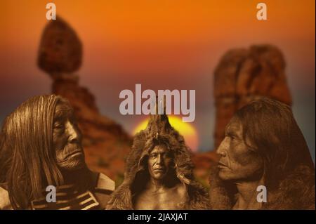 An image with some Indian chiefs with the desert background at dawn Stock Photo